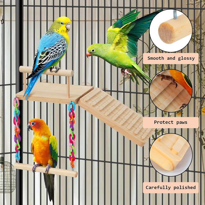 Wooden bird perches platform swing with climbing ladder for cockatiels, lovebirds, and small pets cage accessories