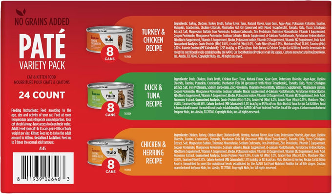 nulo variety flavors pate wet canned cat food, 5.5 ounce pack of 24