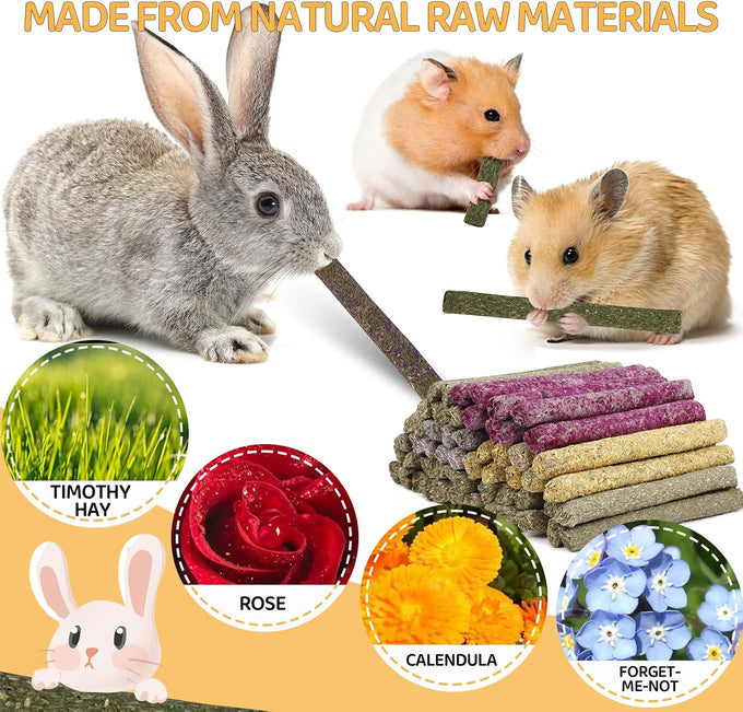 52pcs Natural Timothy Grass Molar Teeth Sticks, Rabbit Chew Toys, Guinea Pig Treats, Small Animal Snacks