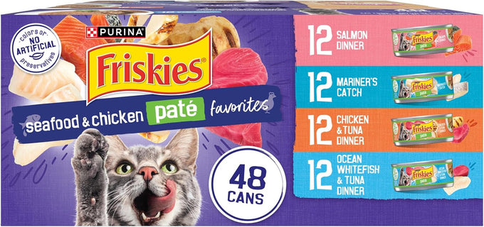 Purina Friskies Pate Wet Cat Food Variety Pack Seafood and Chicken 48 ct. Cans