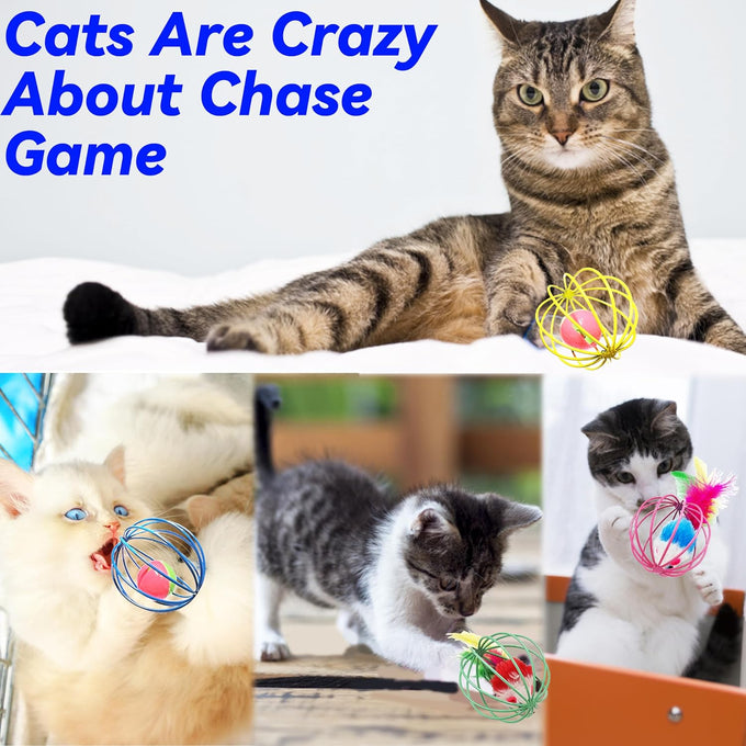 Cat Toys 6 Packs Interactive Metal Cage Balls for Indoor Cats, Mice, Bells, and Feather Mouse Toys