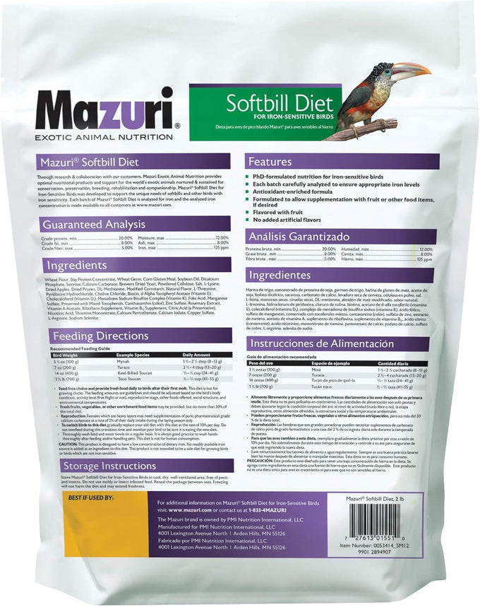 Mazuri softbill diet for iron-sensitive birds, 2 LB bag, phd-formulated nutrition, plum and apple flavor