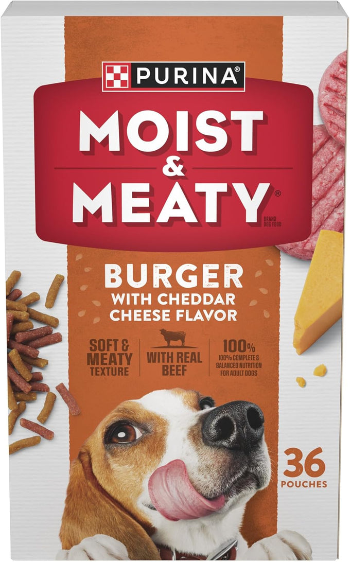 Purina Moist and Meaty Burger with Cheddar Cheese flavor 36 ct dog food pouches