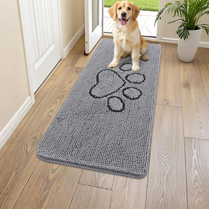 Smiry 30x20 inches chenille door mat for muddy paws with non-slip textured rubber base, grey and black