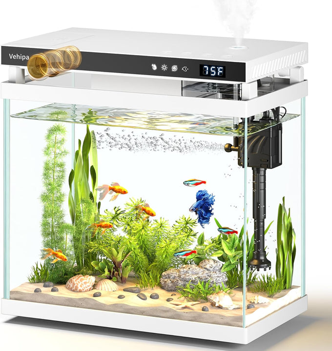 vehipa 2.2 gallon smart aquarium with humidifier, auto feeder, silent pump, temperature display & 7-color lighting, black