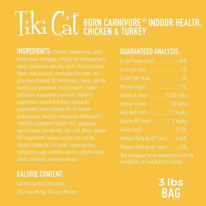 Tiki Cat Born Carnivore high protein indoor chicken and turkey grain-free kibble for cats 3 lb bag