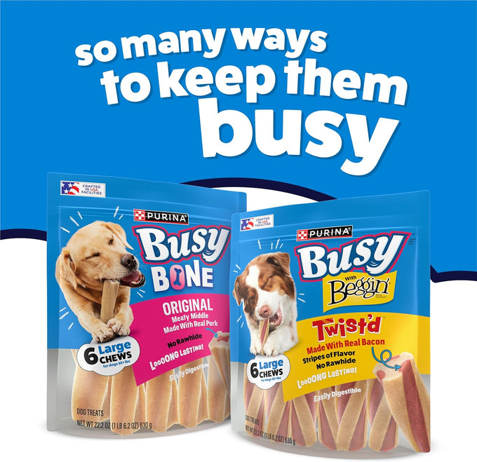 Purina Busy with Beggin' Dog Treats, Twist'd, Bacony, Rawhide-Free, Long-Lasting, Adult Dog Snacks, 10 Count Pack