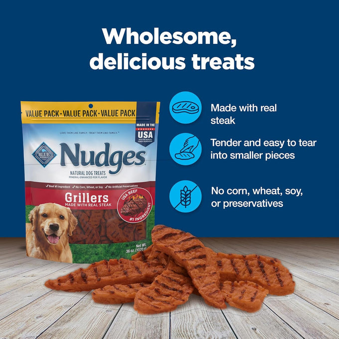 Blue Buffalo Nudges Grillers all-natural dog treats with USA beef, steak flavor, 36-oz bag, made in USA