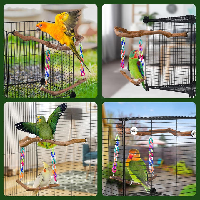 Grape Wood Bird Swing Toy for Small to Medium Sized Birds, U Shape Hangable with Chains, Natural Perch for Budgerigars, Parakeets