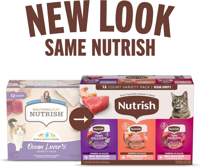Nutrish Grain Free Ocean Lover's Whole Health Blend Variety Pack Wet Cat Food, 2.8 oz. Cup, 12 Count (Rachael Ray)