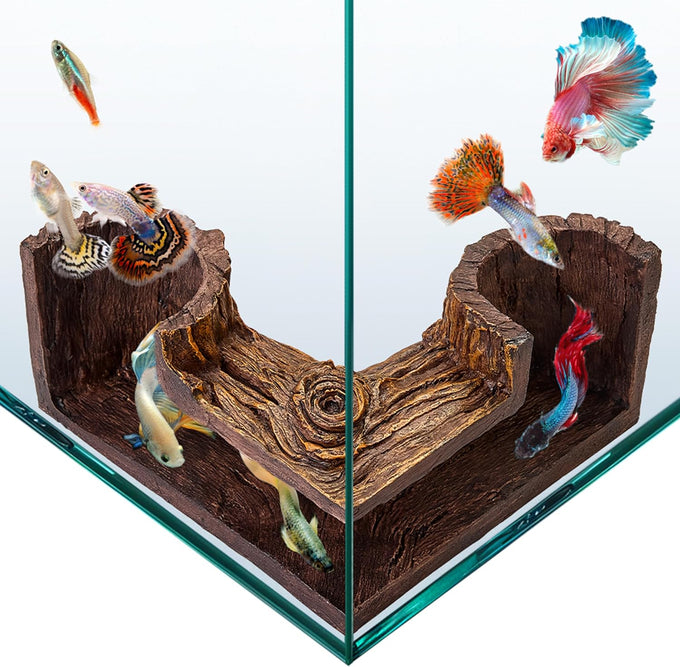 Fishnosh Aquarium Cave | BPA-free wood-like fish tank hideout for corners, 5.1" x 2" x 2.7"