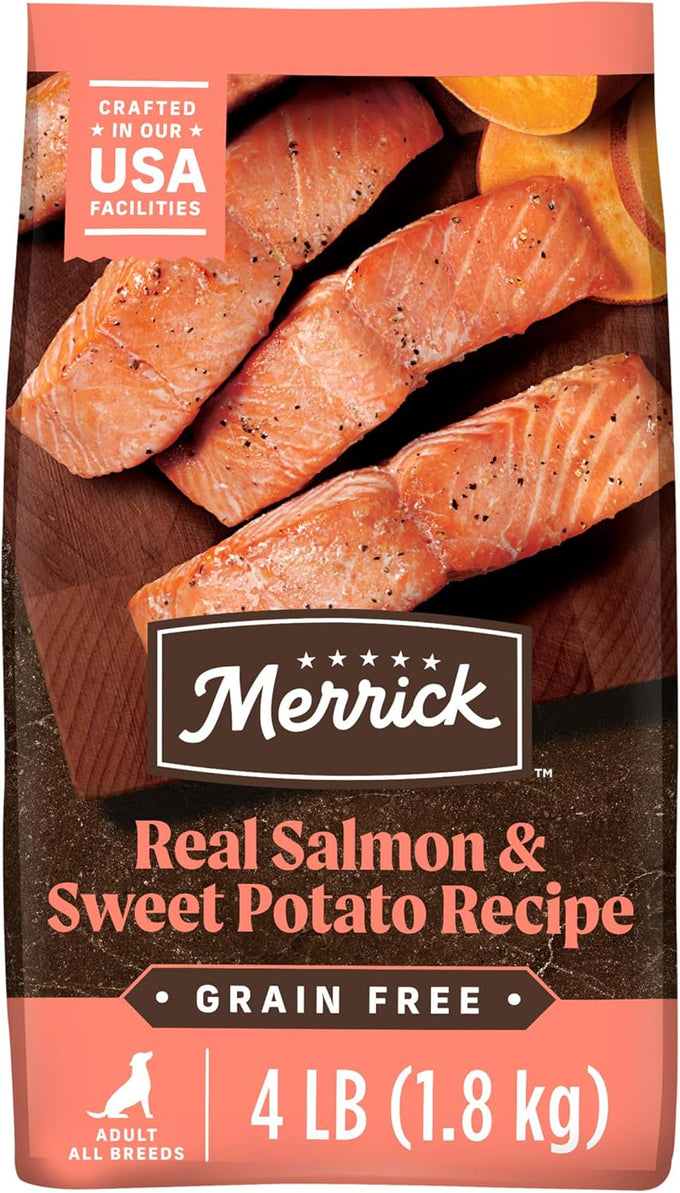 Merrick premium grain free dry adult dog food with real salmon and sweet potato, wholesome and natural kibble
