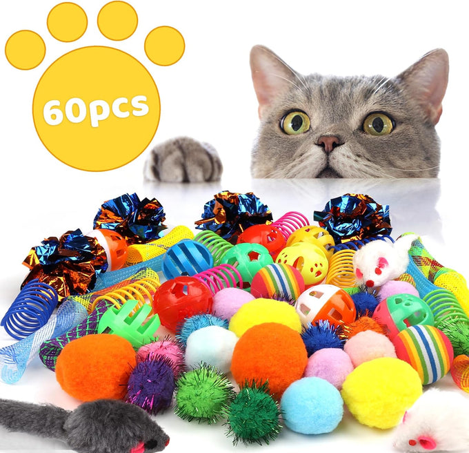 Quozuo 60pcs kitten toys, cat balls springs toy set with variety of cat ball toy, cat mouse toys, cat springs