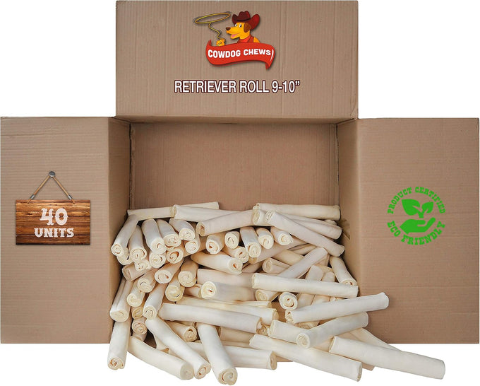 Cowdog Chews Retriever roll 9-10 inch all natural rawhide products for dogs 20 pack