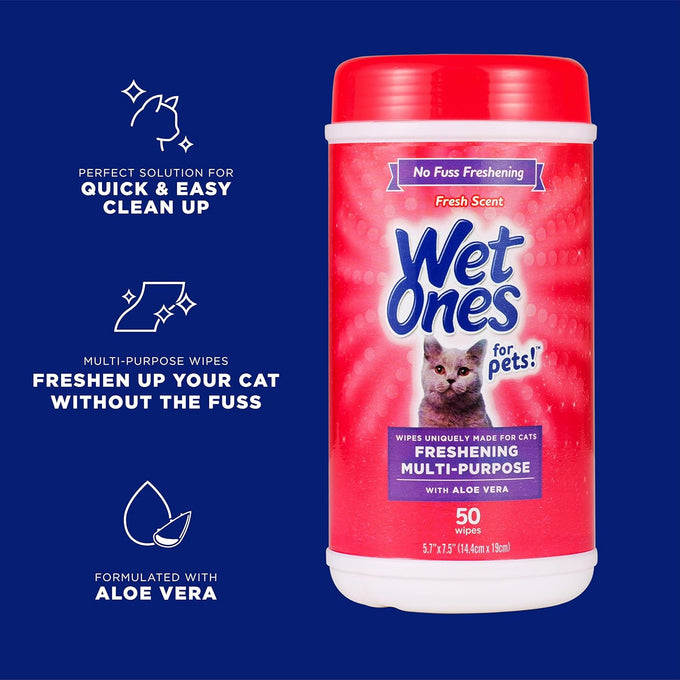 Wet Ones for Cats Freshening Wipes, multi-purpose cat grooming wipes with aloe vera, gentle cleaning, 50 count