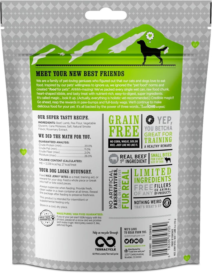 I and love and you Nice Jerky Bites, 4oz Grain-Free Soft & Chewy Dog Treats with Real Beef & Pasture-Raised Lamb, Ideal for Training & Protein Boost, Filler-Free Formula.