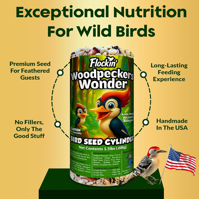 Woodpecker bird seed cylinders with hole – premium woodpecker food blend, USA made, 4" x 7.75"