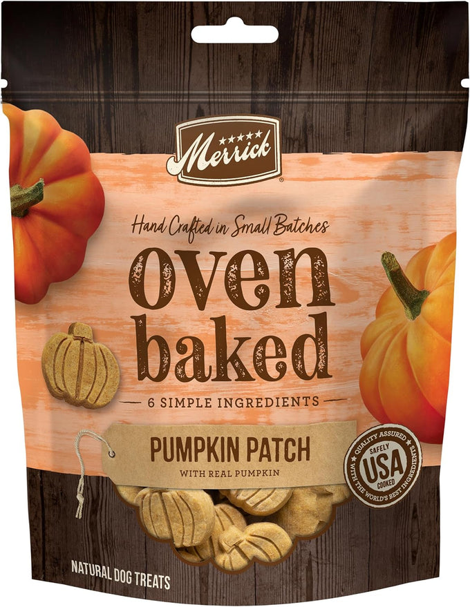 Merrick oven baked, wheat free, pumpkin dog treats, natural, crunchy, 11 oz bag, pumpkin patch
