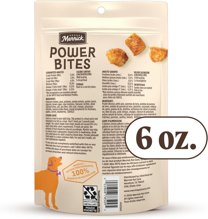 Merrick Power Bites Soft & Chewy Dog Treats with Real Deboned Chicken, Grain-Free Recipe, Fortified with Omega Fatty Acids and Minerals, Star-Shaped for Training, 6 oz Resealable Bag