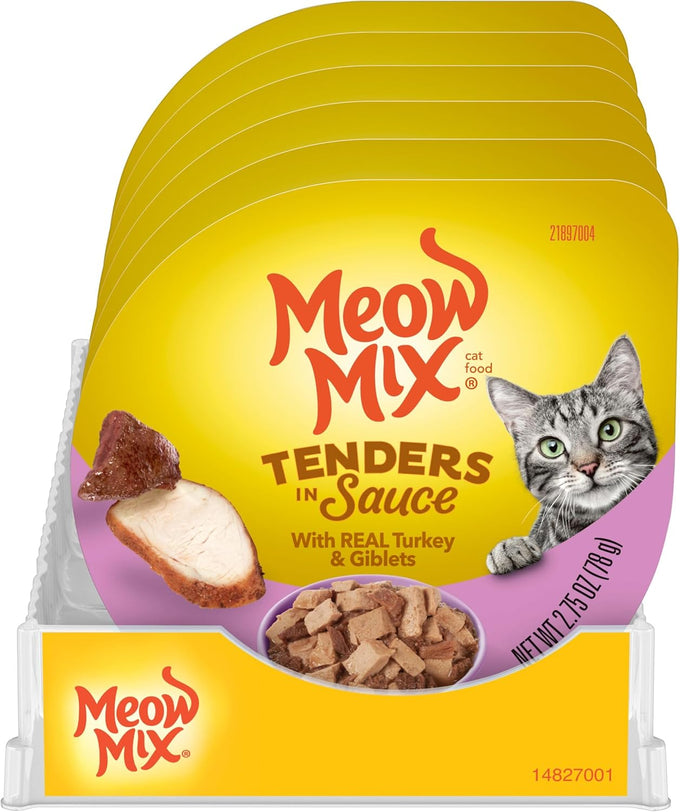 Meow Mix Tenders in Sauce Wet Cat Food, Turkey & Giblets, 2.75 oz Cups, Pack of 12