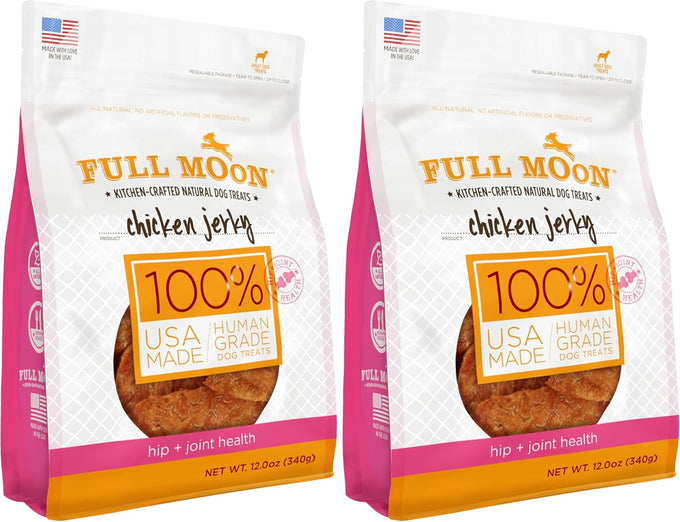 Human-grade, all-natural, full-moon chicken jerky dog treats for hip and joint health, 12 oz, made in the USA