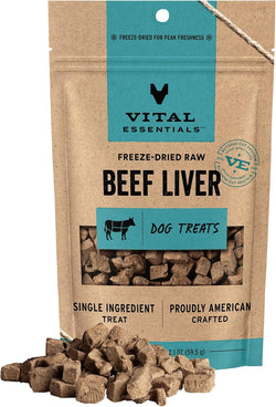 vital essentials freeze dried beef liver dog treats, single ingredient, grain free, 2.1 oz bag