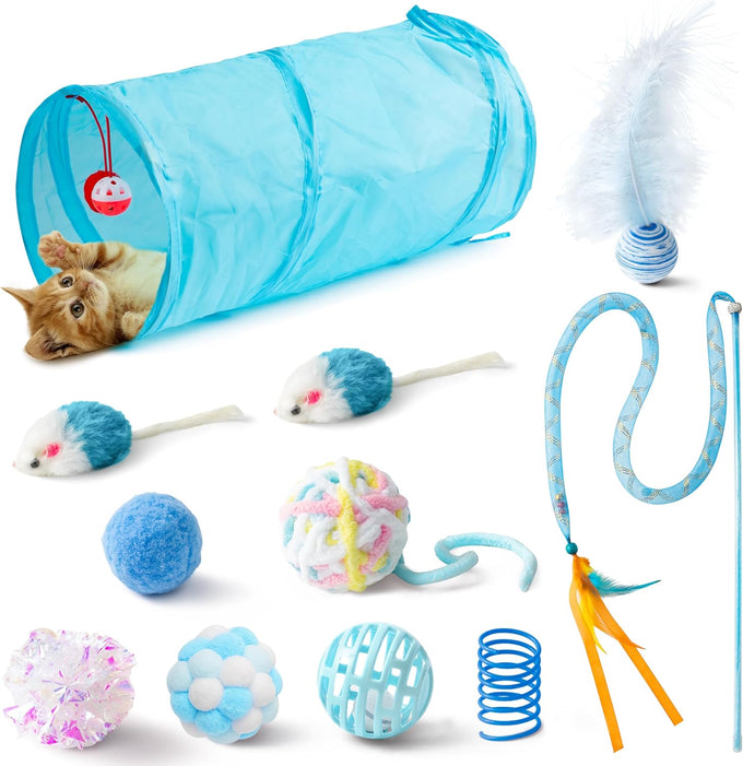 mallmall6 10pcs cat toy set interactive cat toys pack feather teaser wand cat springs mice crinkle balls pink