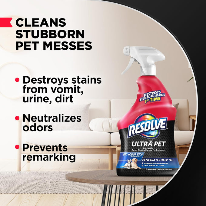 Resolve Ultra Pet Carpet Cleaner Spray, 32oz, for removal of pet stains and odors, effective on carpets, upholstery, and area rugs