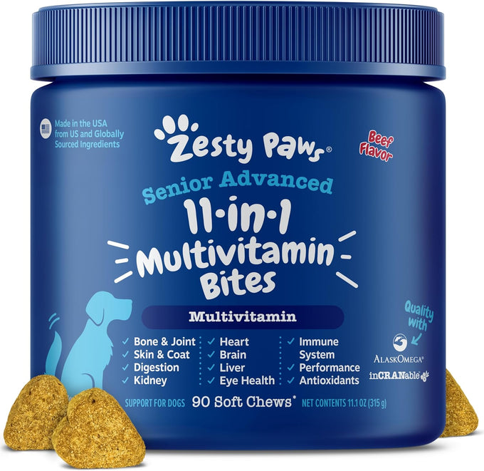 Zesty Paws Senior Dog Multivitamin Treats - Grain Free, Glucosamine for Dogs, Digestive Enzymes, Probiotics, and Skin & Coat Suppliments - Beef - Advanced - 90ct