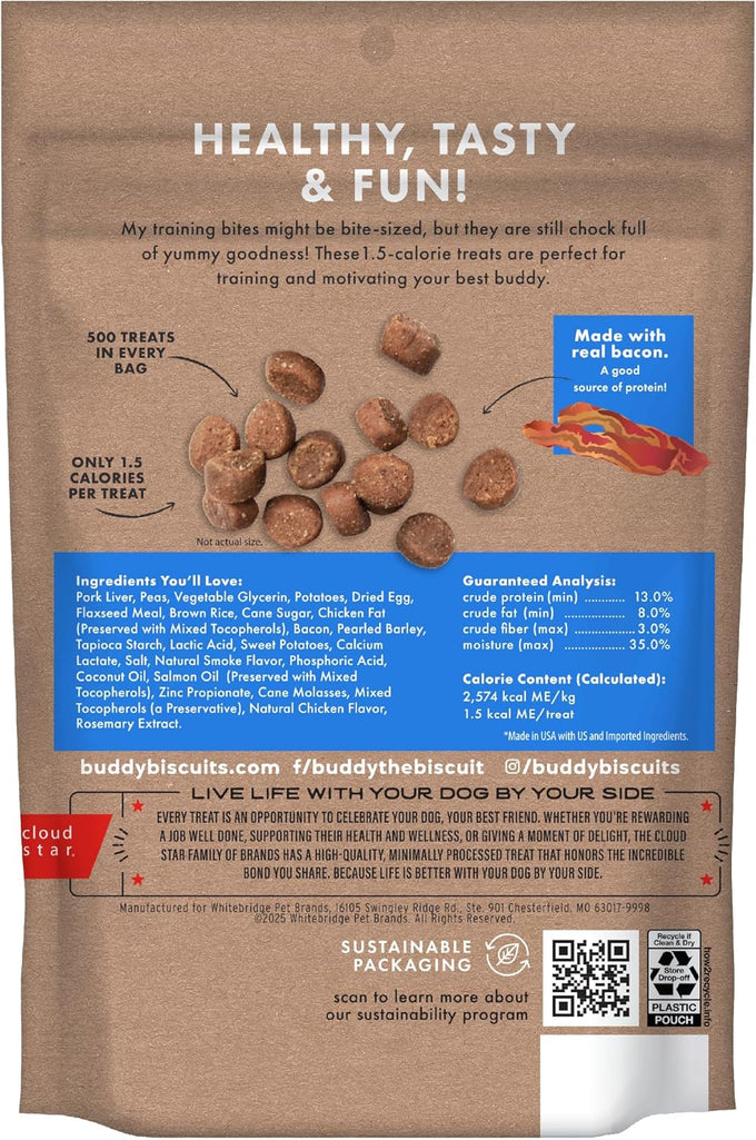 Buddy Biscuits Trainers Training Bites Soft & Chewy Dog Treats, Bacon, 10 oz Pouch