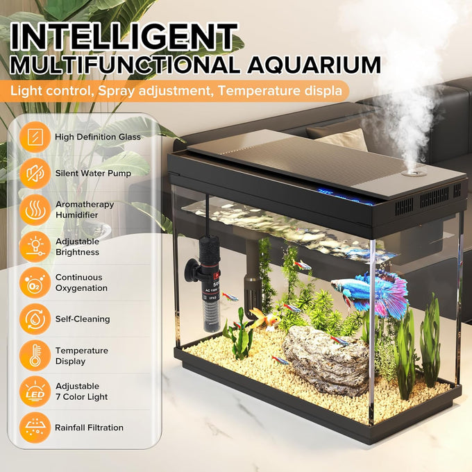 Vehipa 2.4 Gallon Fish Aquarium Starter Kit with Smart Humidifier and Temperature Display