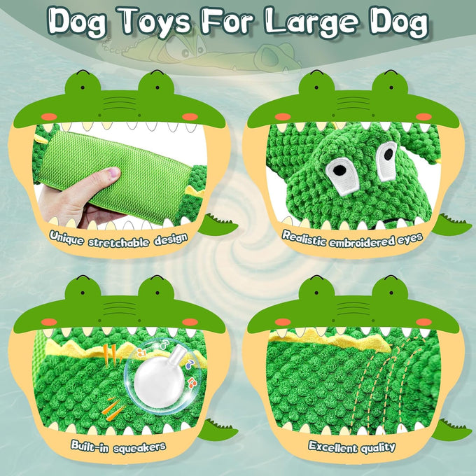 WOWBALA interactive squeaky dog chew toy for small, medium & large dogs, crocodile-shaped, plush, crinkle paper, 24-inch length