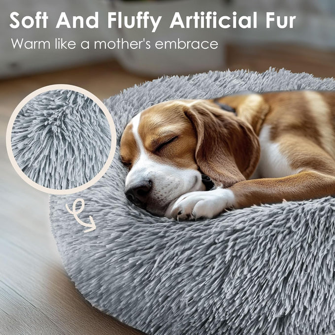 Hoewina 20in light grey donut bed for indoor cats and small dogs, washable, plush, waterproof, anti-slip