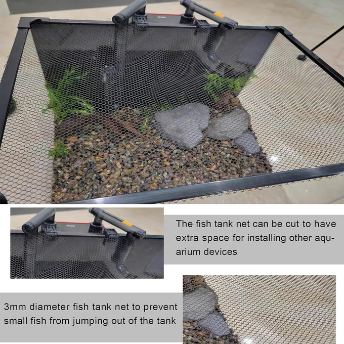 Magnetic aquarium cover mesh for curved fish tanks up to 13.12 feet long, fish-safe and adjustable