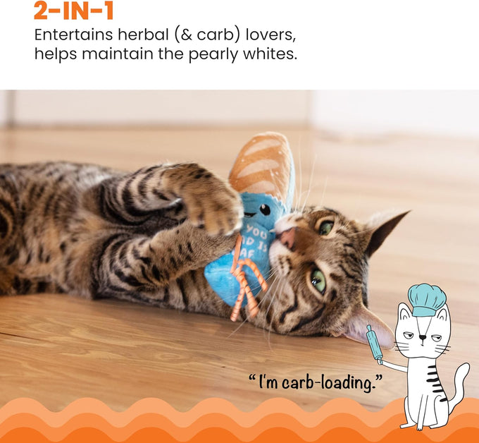 Catstages Loaf Kicker Toy with Catnip and Dental Mesh - Bread Shape, Plush, and Ribbon Cat Toy for Kicking and Teeth Cleaning, Tan