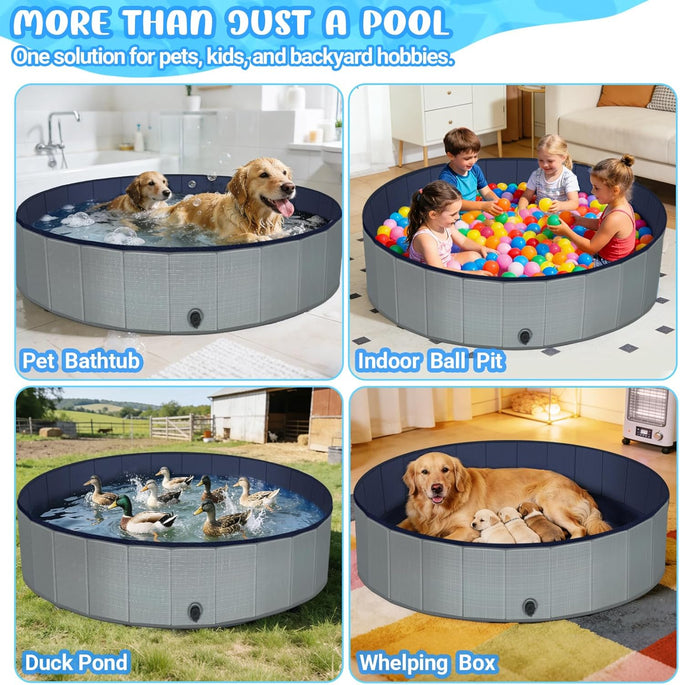 Foldable Gray Kiddie Pool with Hard Plastic Non-Slip Thickened Bottom for Small Medium Large Dogs and Kids