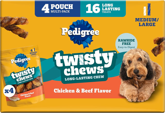 Pedigree twisty dog chews medium large 9.17 oz chicken beef flavor pack of 4 16 count