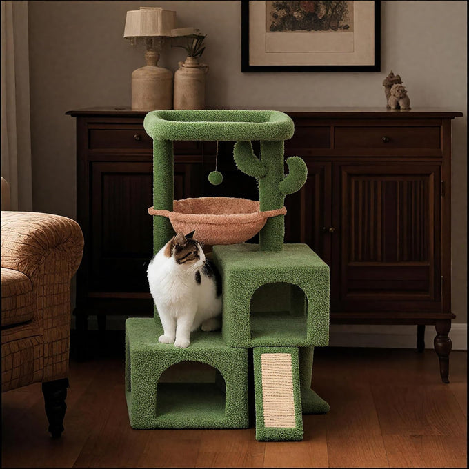 ROYPET green cactus cat tree tower for indoor cats with condos, scratching post, hammock and toy balls