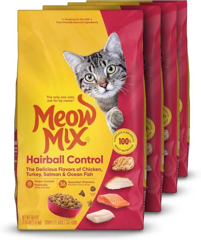 Meow Mix Adult Cat Hairball Control Dry Food, 6.3 lb Bag, Chicken, Turkey, Salmon, Ocean Fish
