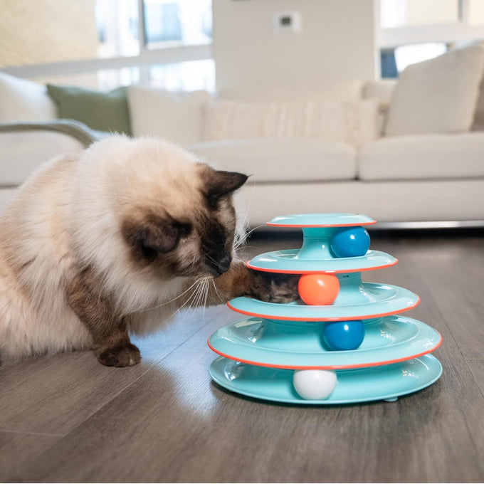 Catstages Chase Meowtain 4-Tier Interactive Cat Track Toy with 4 Spinning Balls, Non-Slip Base, Blue