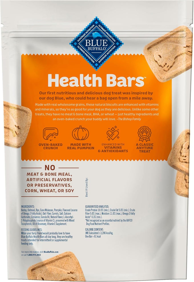 blue buffalo health bars crunchy dog biscuits, oven-baked, pumpkin, cinnamon, 16-oz bag