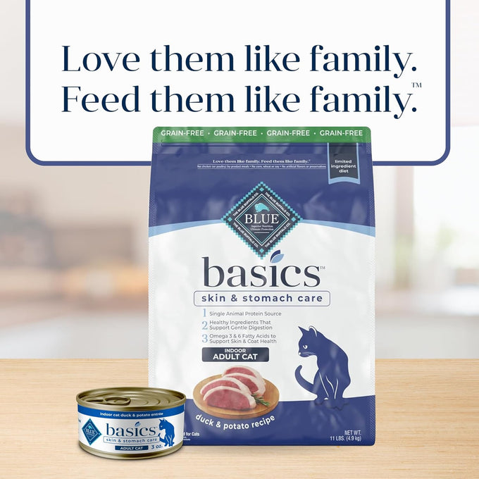 Blue Buffalo Basics Grain-Free Dry Cat Food for Indoor Cats, Duck & Potato Recipe, 11-lb Bag, Skin & Stomach Care