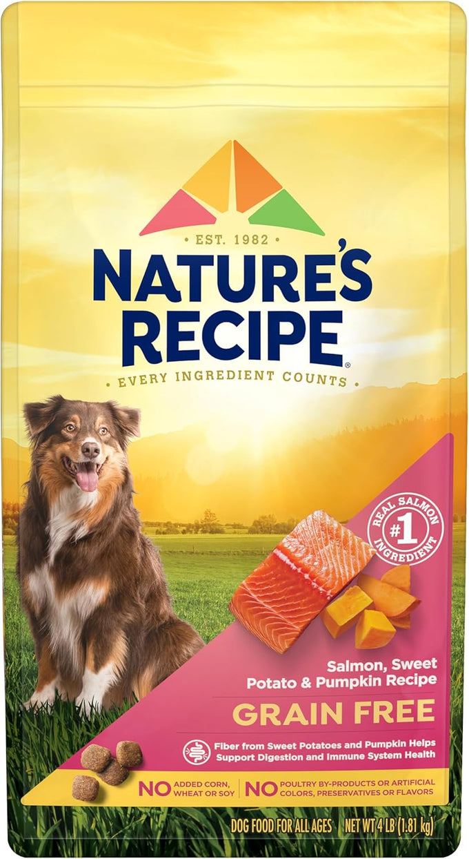 Nature's Recipe grain-free dry dog food, 4 lb bag, salmon, sweet potato and pumpkin recipe