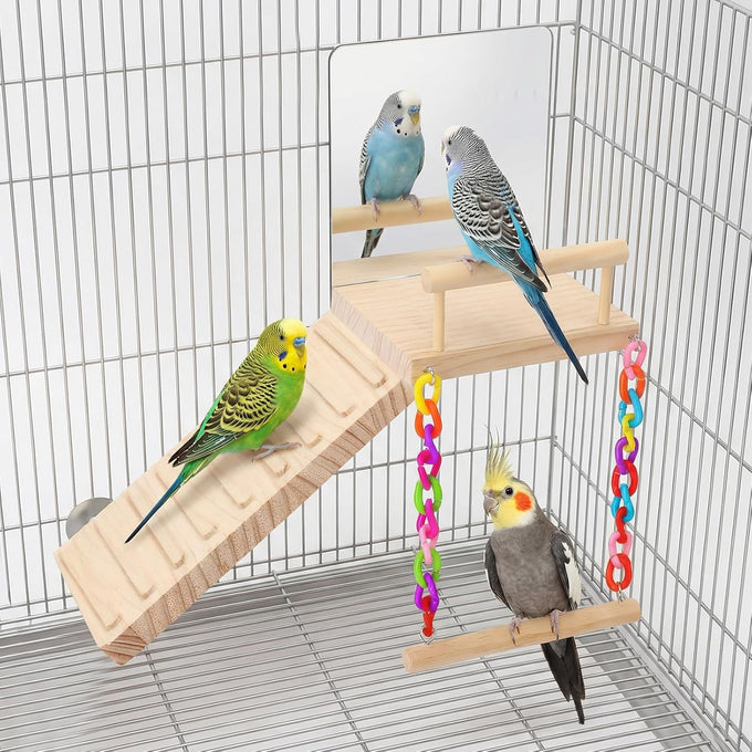 Wooden Bird Perch Platform Toy Set with Mirror, Climbing Ladder, and Swing for Parrots and Budgerigars