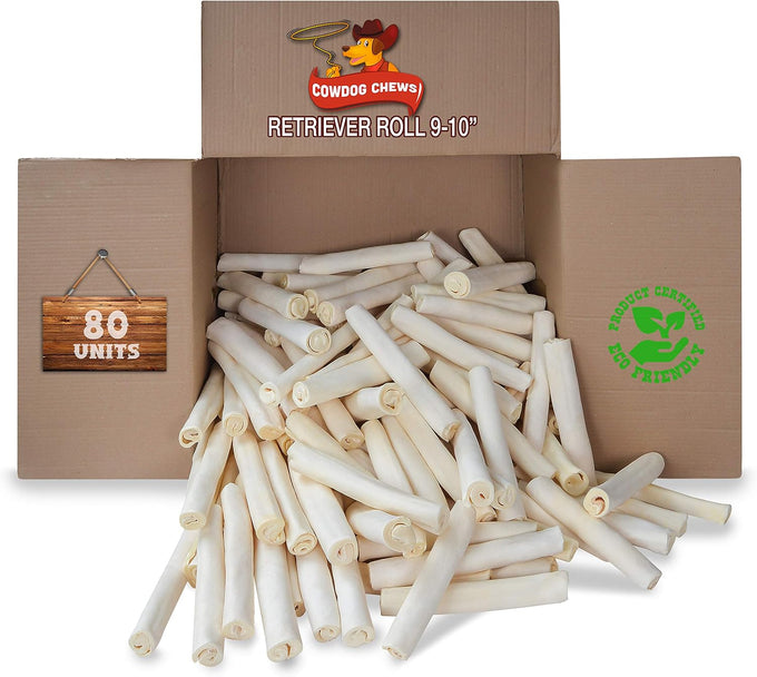 Cowdog Chews Retriever roll 9-10 inch all natural rawhide products for dogs 20 pack