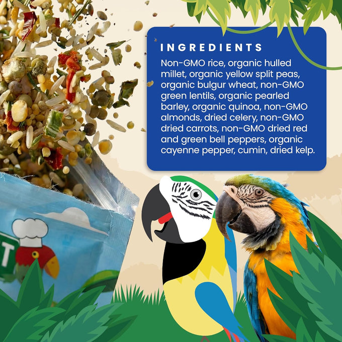 Bird Street Bistro parrot food with natural grains, legumes, and non-gmo fruits for parakeets and cockatiels