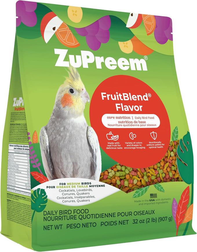 ZuPreem FruitBlend Bird Food for Cockatiels, Quakers, Small Conures, Lovebirds, Lorikeets, Core Nutrition with Natural Fruit, 2 lb Bag, Medium Pellet Size
