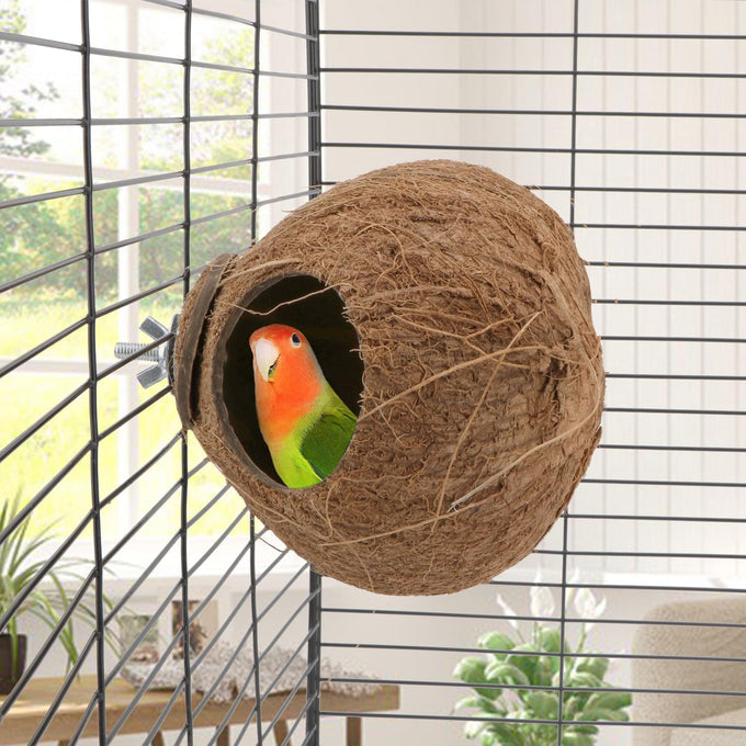 Hypeety coconut shell bird breeding nest toy with ladder and swing for parrot, parakeet, finch, hamster and lovebird