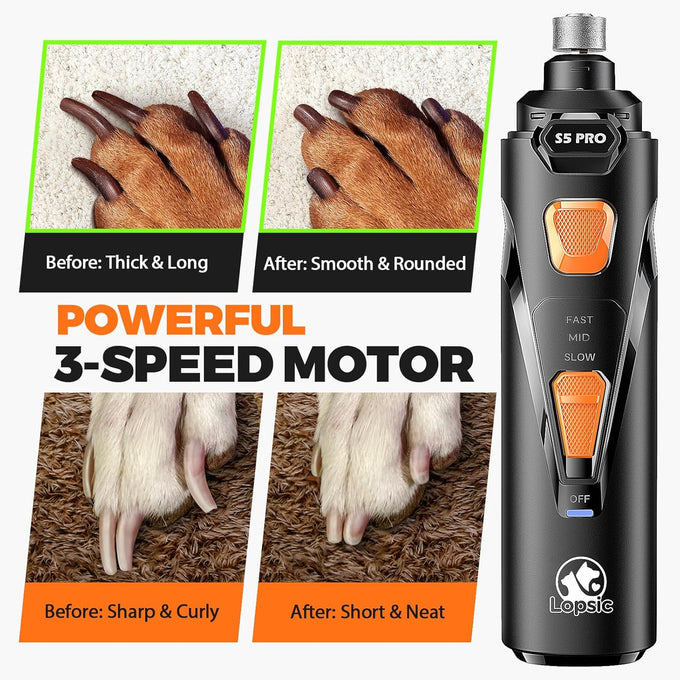 Whisper quiet dog nail grinder with 4 LED lights, safe & stress-free for sensitive dogs, cats, all breeds & sizes