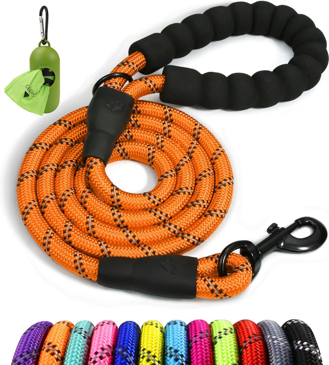 Taglory 6 ft rope dog leash with padded handle and reflective threads for medium large dogs, 1/2 inch, black